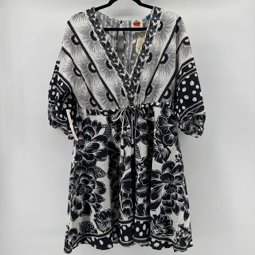 Anthropologie Farm Rio linen Puff-Sleeve Mini Dress adjustable waist Sz S NWT - Picture 4 of 13